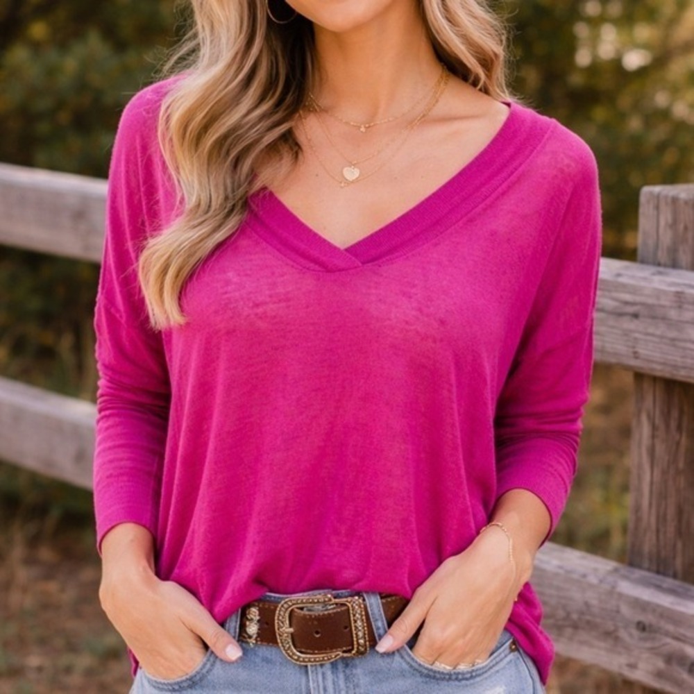 Maeve Anthropologie Magenta Pink V-Neck Sheer Knit Dolman Top XS